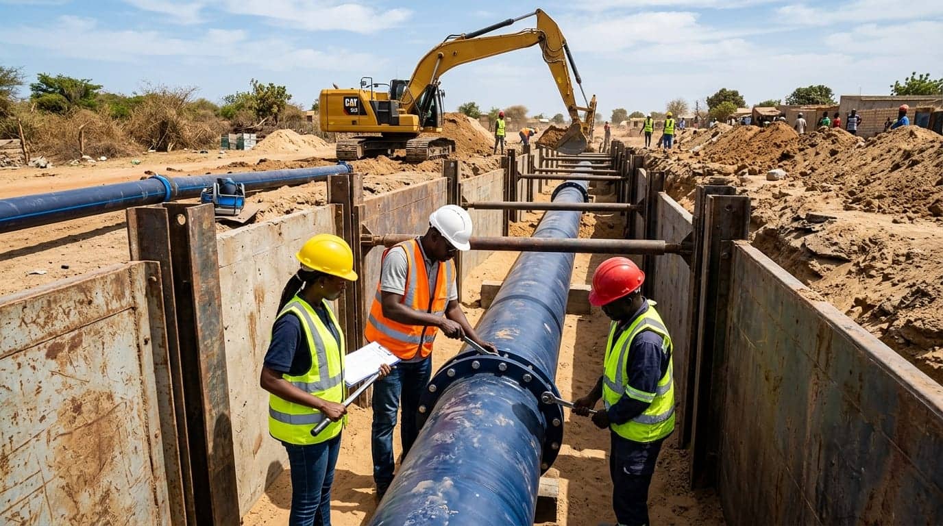 Pose de canalisations d'adduction d'eau et réseau hydraulique en tranchée blindée à Dakar.
