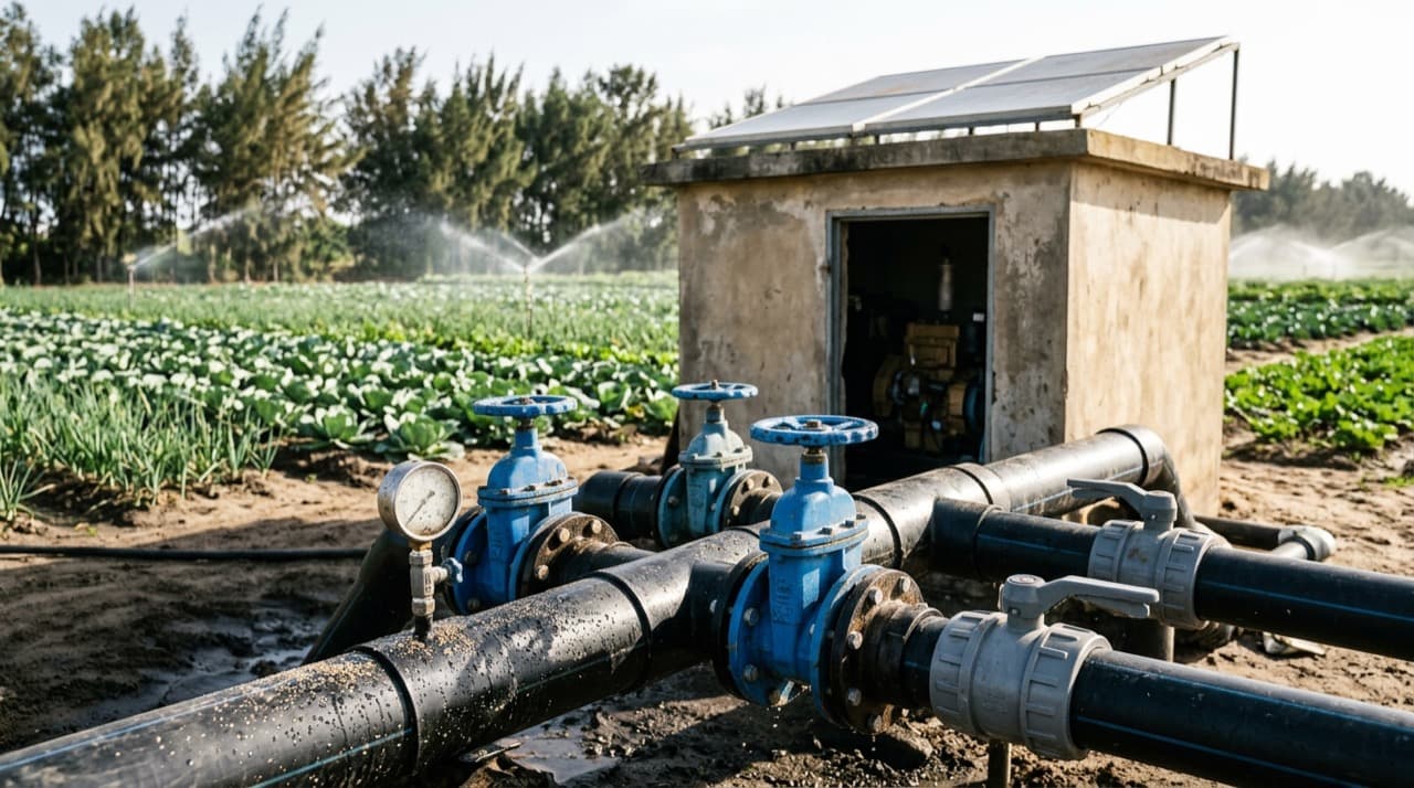 Station de pompage hydro-agricole et collecteur d'irrigation pour parcelles maraîchères.