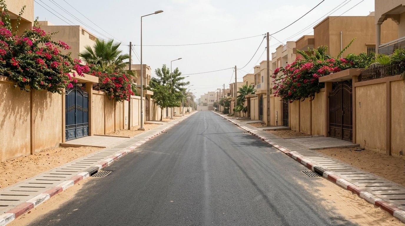 Voirie urbaine bitumée avec bordures de trottoirs et caniveaux d'assainissement pluvial intégrés.